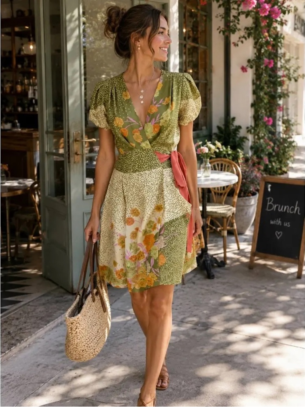 Vintage Yoana Baraschi Olive Green Floral Midi Dress with Rust Sash